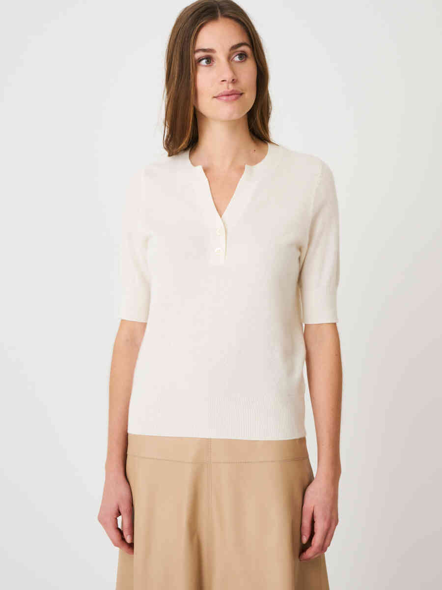 Short sleeve organic cashmere sweater with slit neckline image number 0