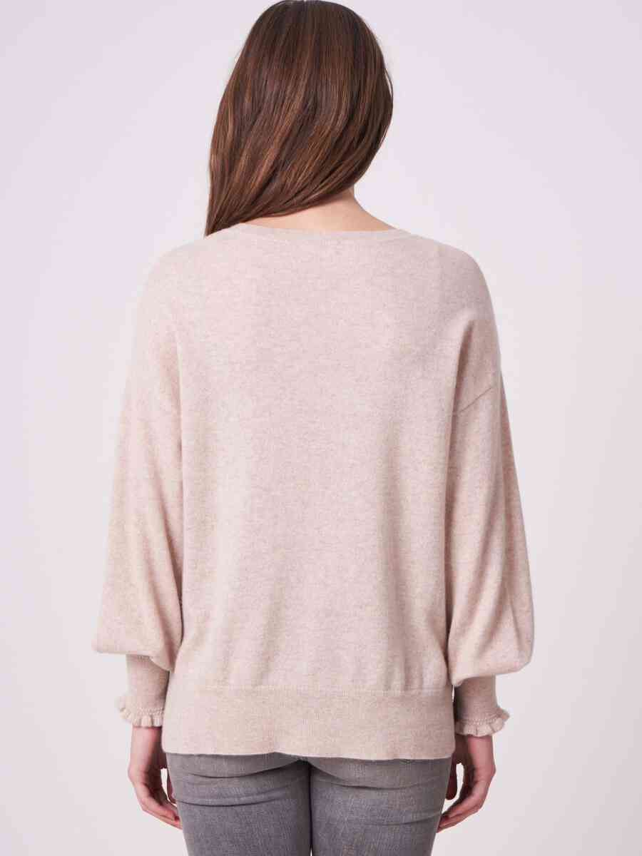 Round neck organic cashmere puff sleeve sweater with ruffle image number 1