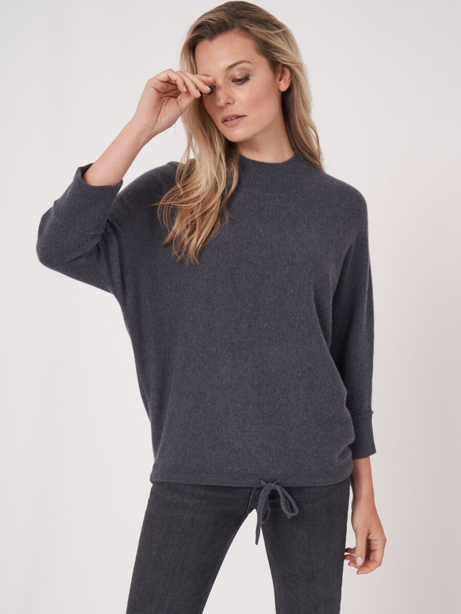 Oversized cashmere sweater with stand collar and tie at waist image number 0