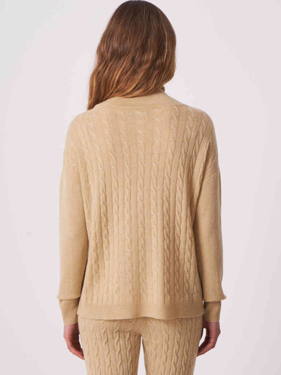 Cable knit sweater with stand-up collar and drawstring image number 3