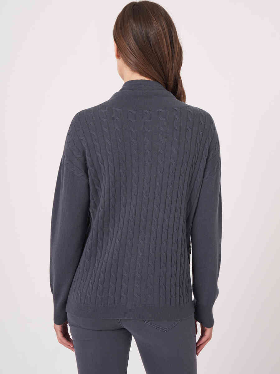 Cable knit sweater with stand-up collar and drawstring image number 1