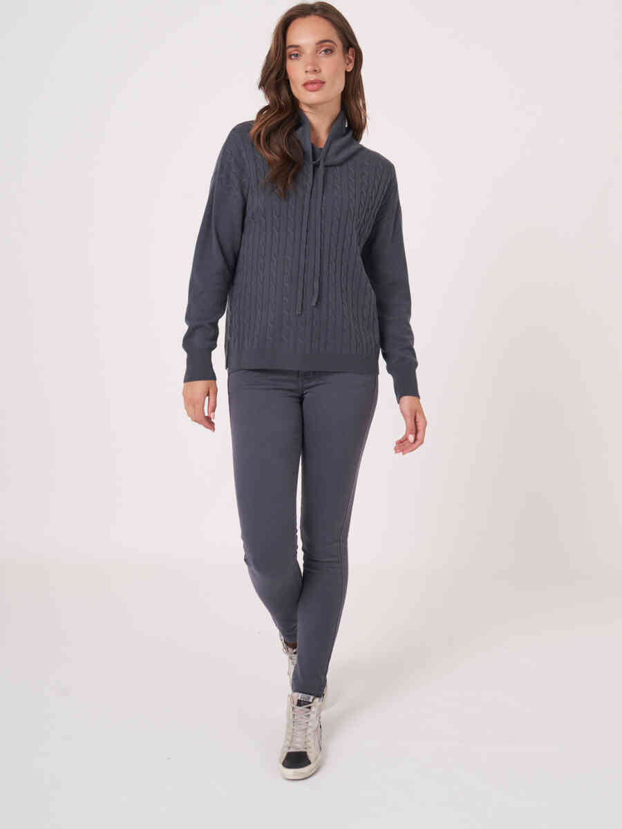 Cable knit sweater with stand-up collar and drawstring image number 5
