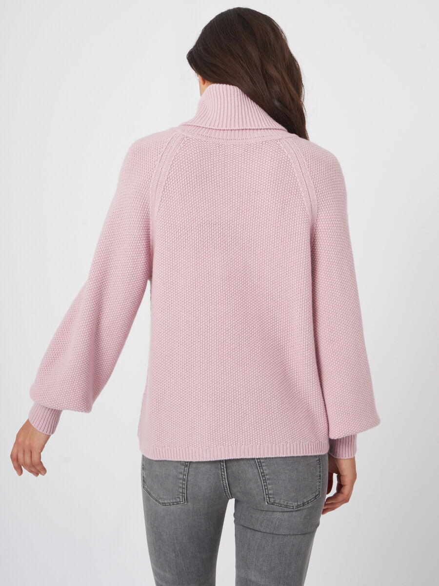 Women's Chunky cable knit turtleneck pullover with puff sleeves
