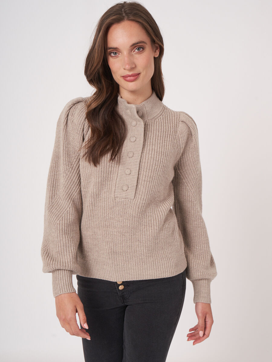 Chunky rib knit sweater with puff sleeves image number 0