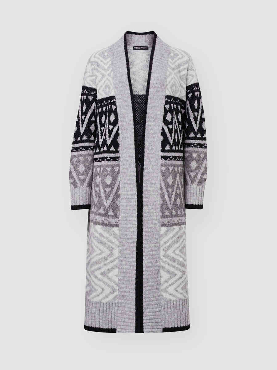 Long intarsia knitted V-neck cardigan image number 1