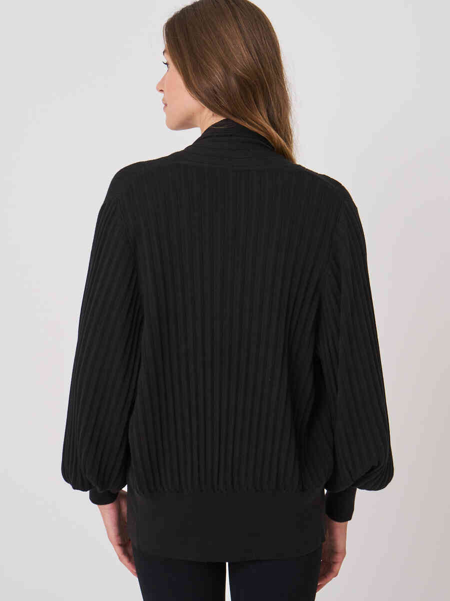 Cropped rib knit cardigan with pleated puff sleeves image number 1