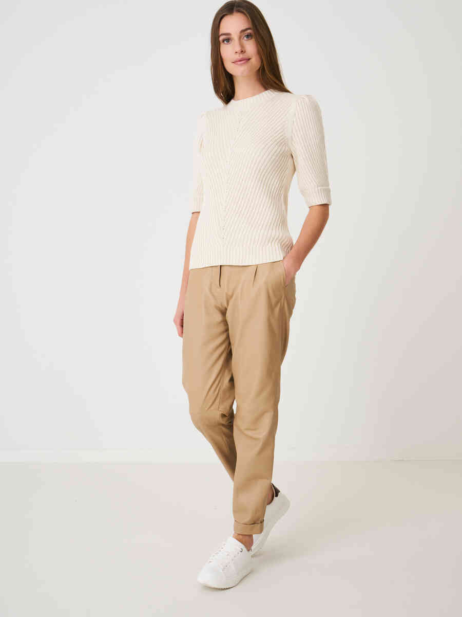 Short puff sleeve sweater with diagonal fancy rib knit  image number 3