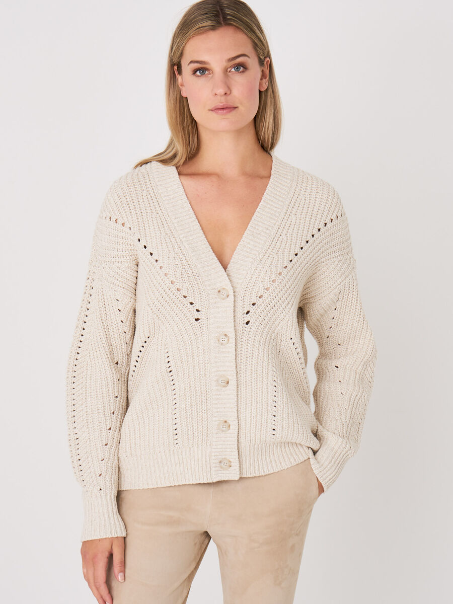 Italian cotton blend rib knit cardigan with pointelle details image number 0