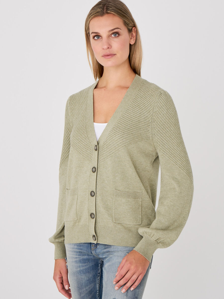 Cardigan with rib knit details and puff sleeves image number 0