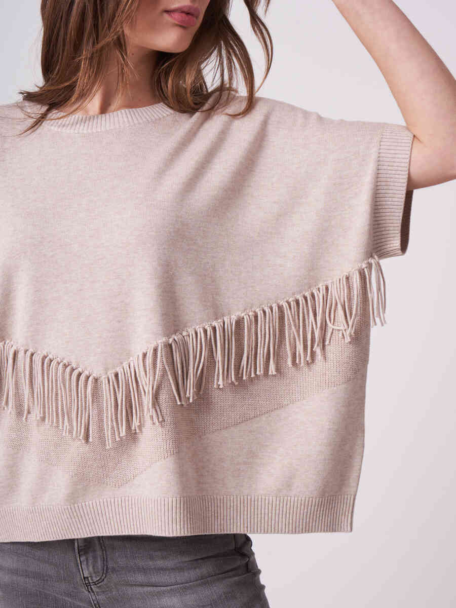 Cotton blend poncho sweater with fringes on the front image number 2