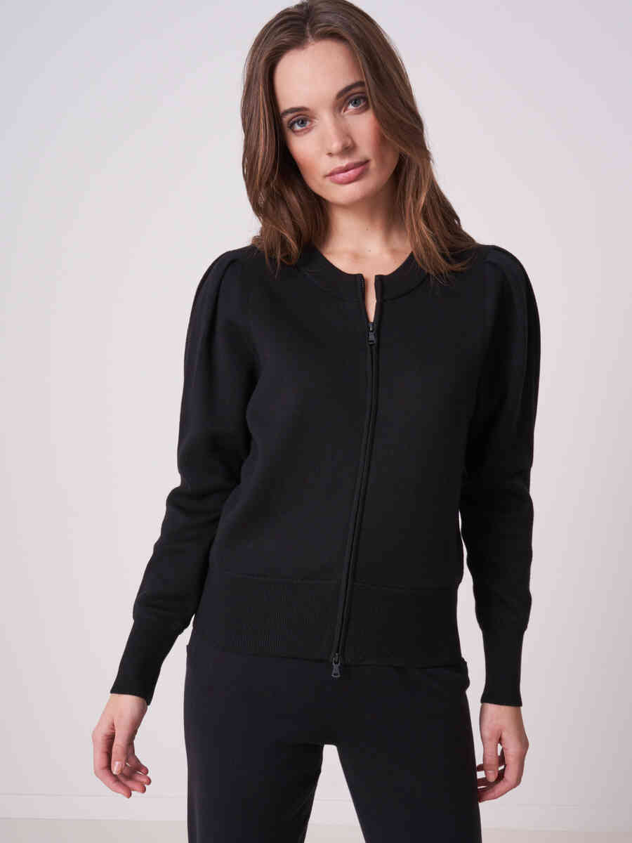 Pure cotton zip cardigan with puff shoulders image number 0