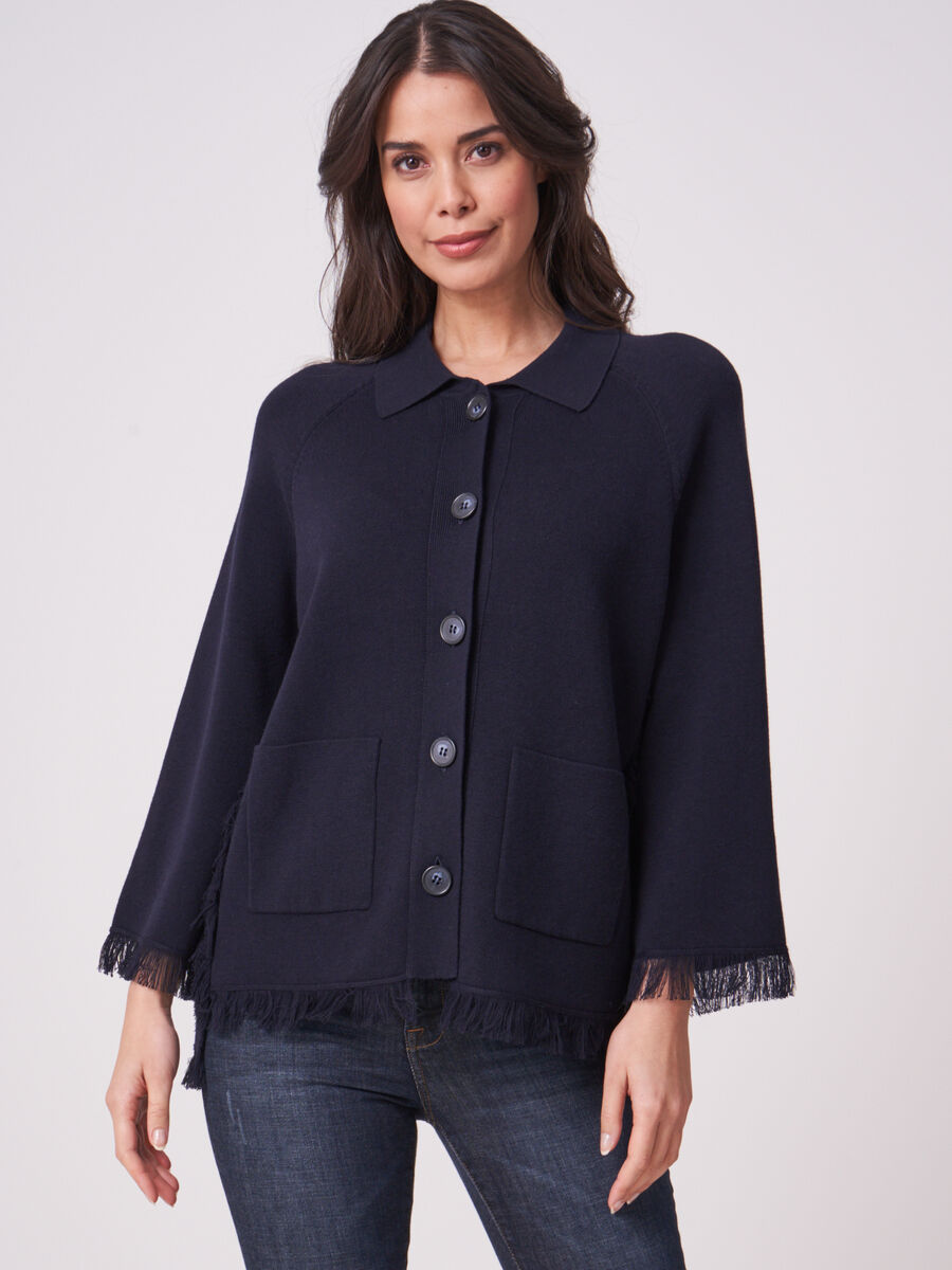 Cotton blend fringed cardigan with polo neck image number 0