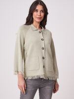 Cotton blend fringed cardigan with polo neck image number 0