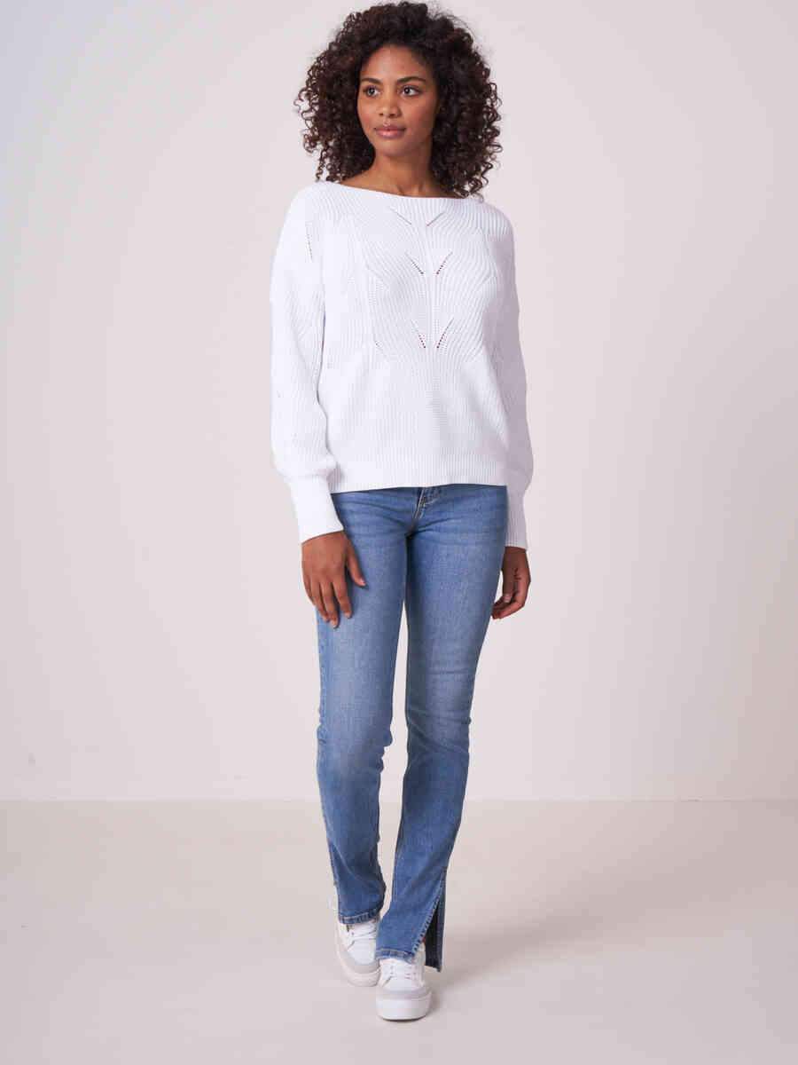 Cotton rib knit sweater with boat neckline image number 3