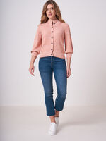 Two tone cotton silk blend knit cardigan with 3/4 puff sleeves image number 4