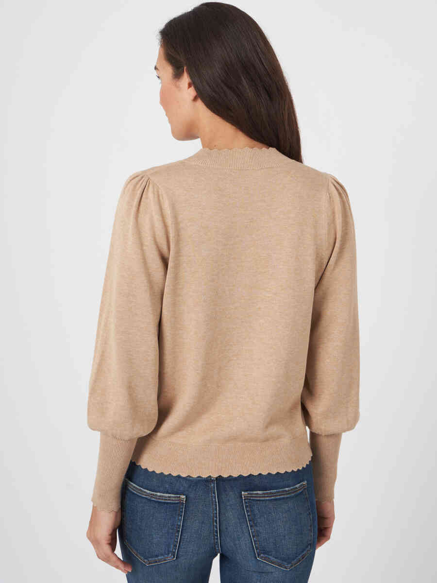 Cotton blend sweater with puff sleeves and scalloped hem image number 1
