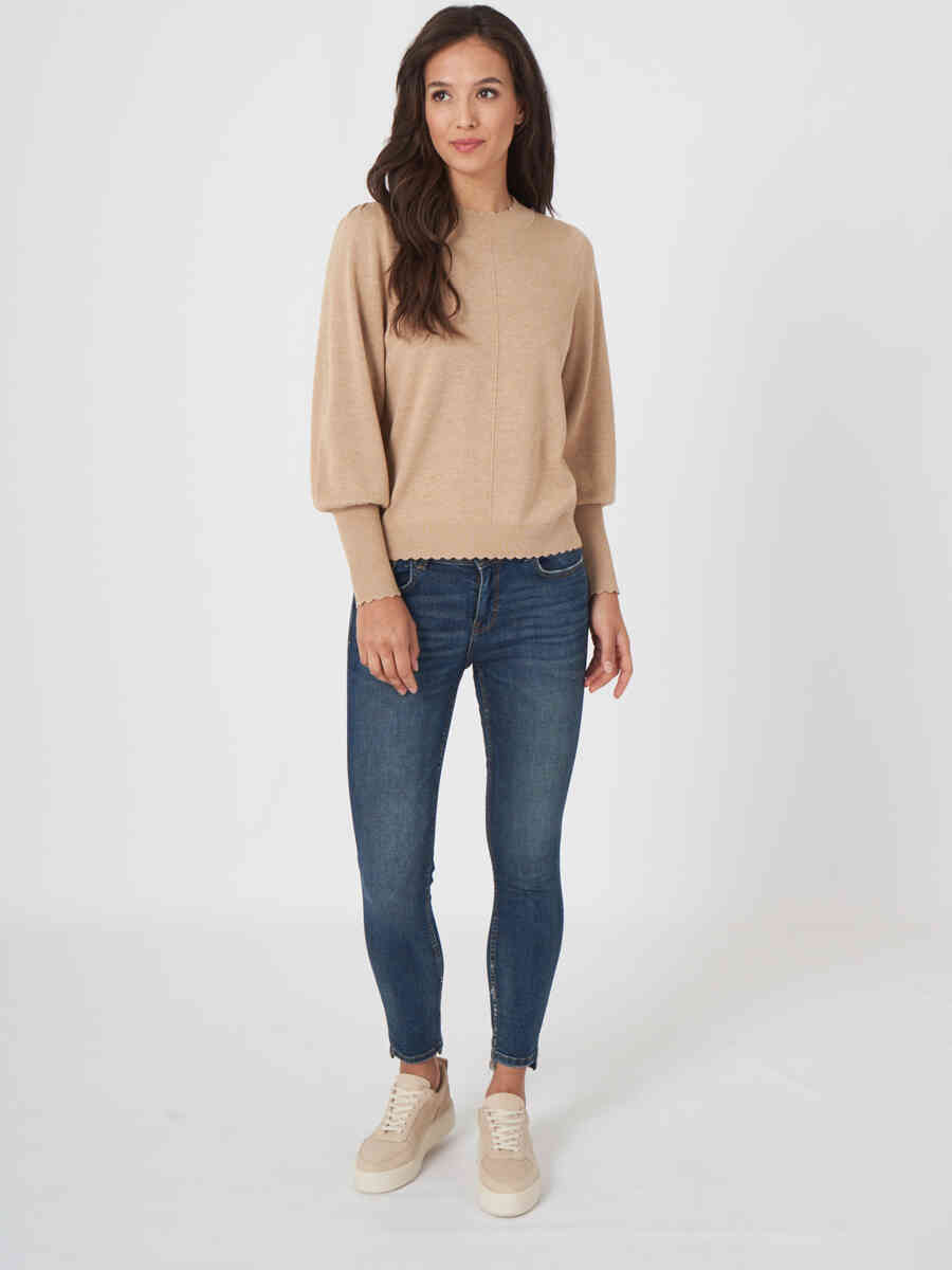 Cotton blend sweater with puff sleeves and scalloped hem image number 5