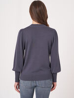 Cotton blend sweater with puff sleeves and scalloped hem image number 1