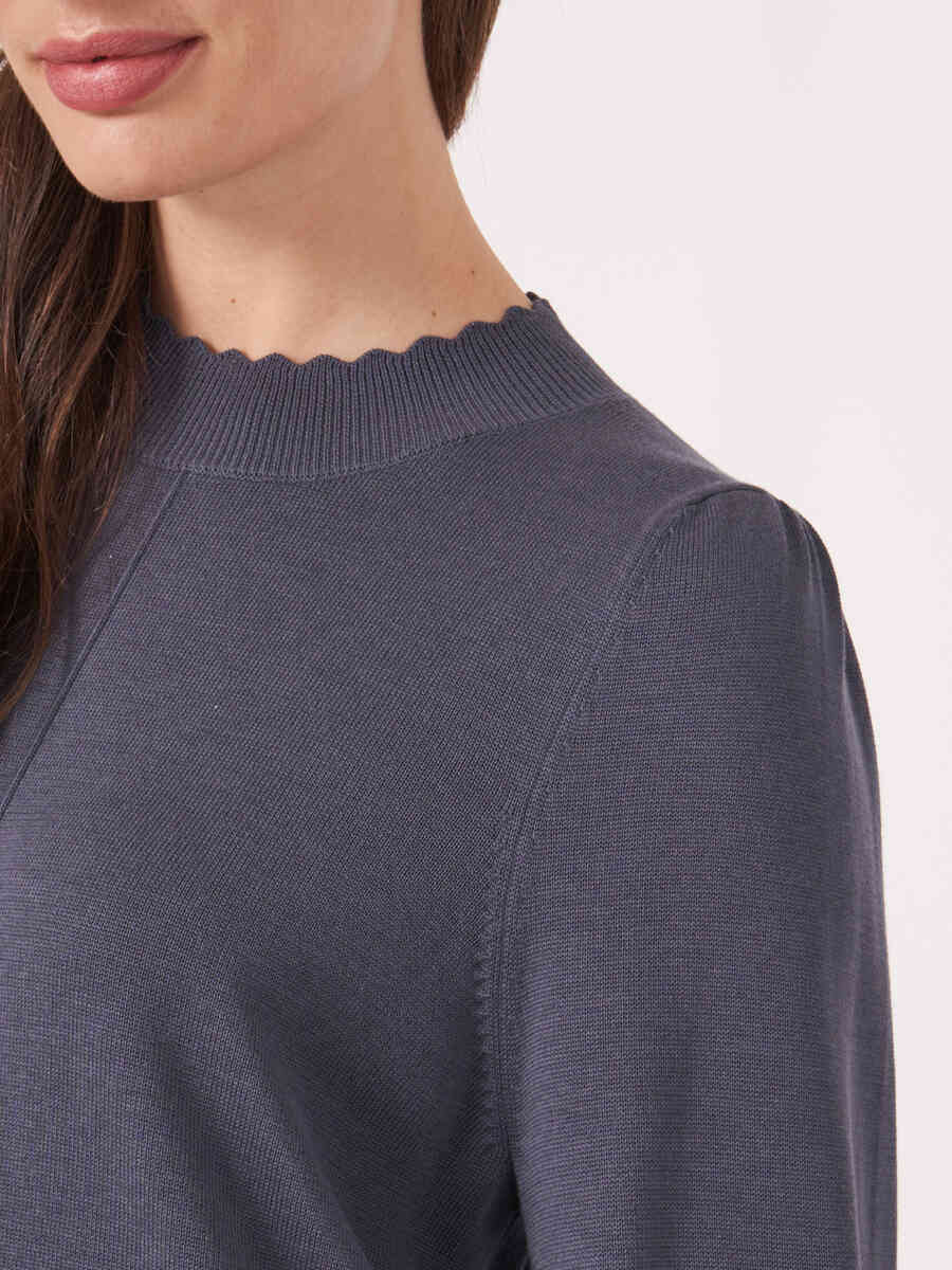 Cotton blend sweater with puff sleeves and scalloped hem image number 2