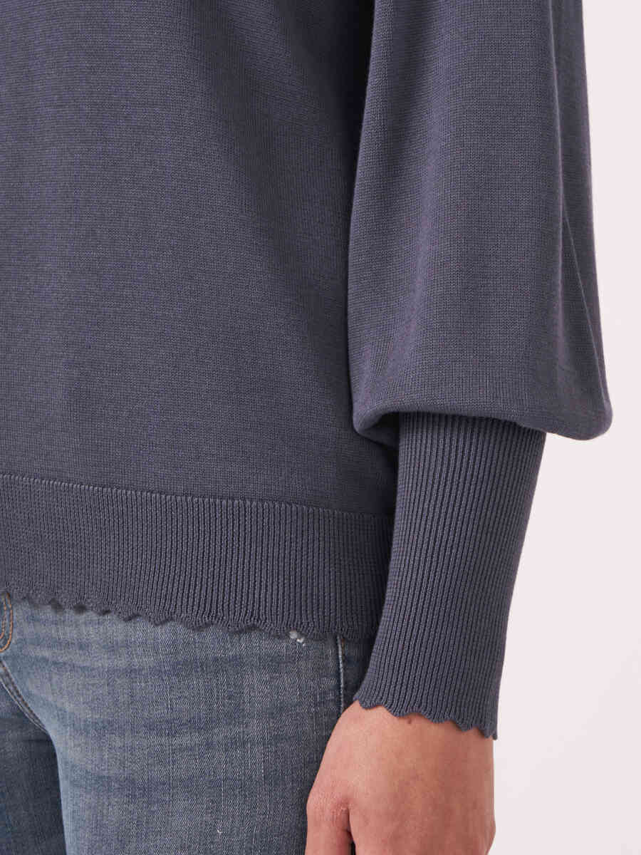 Cotton blend sweater with puff sleeves and scalloped hem image number 3