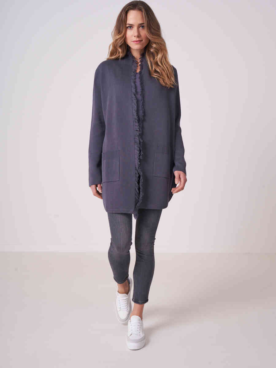 Cotton blend open cardigan with fringe shawl collar image number 3