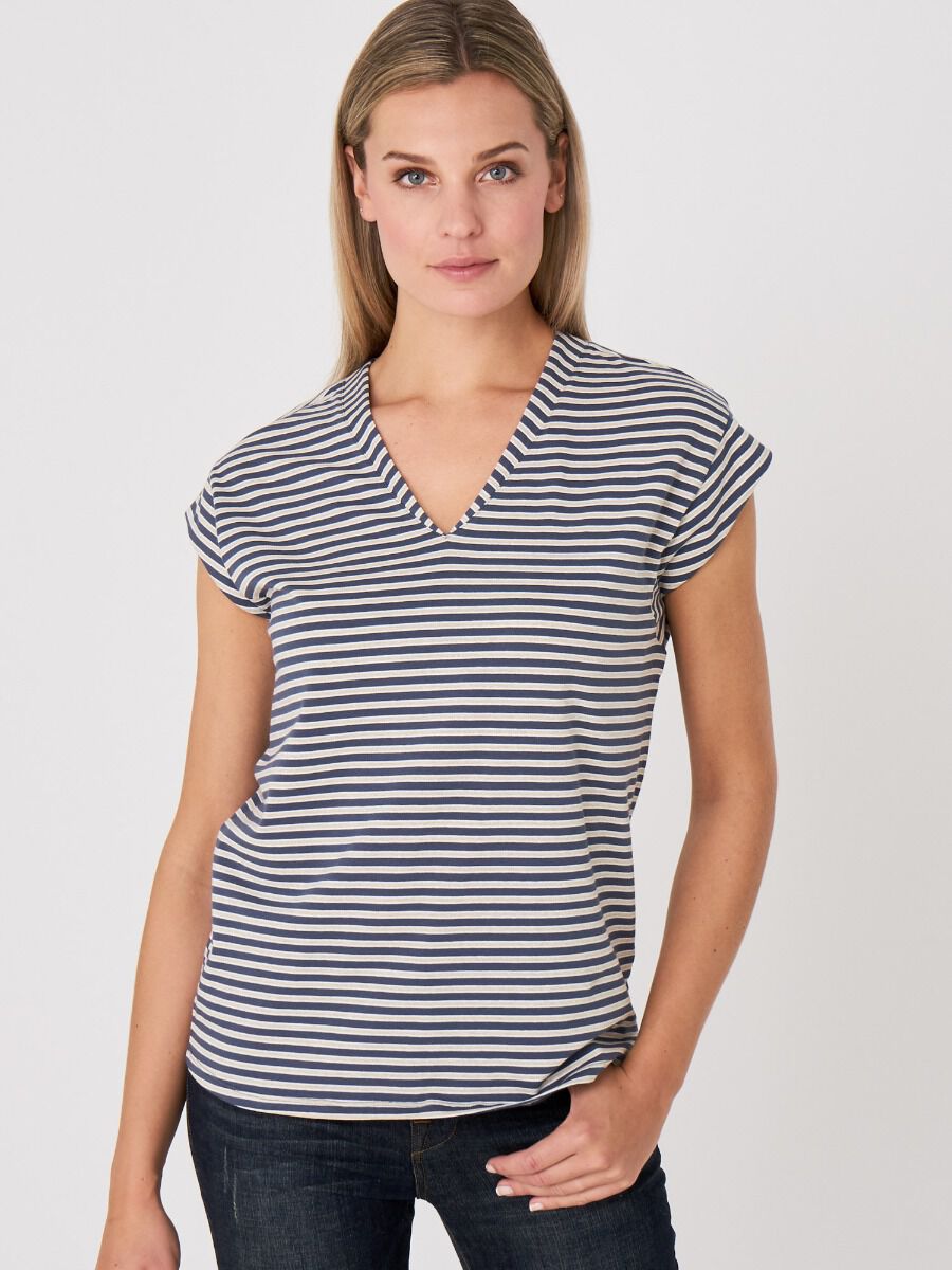 V-neck stretch cotton top with glitter stripes image number 0