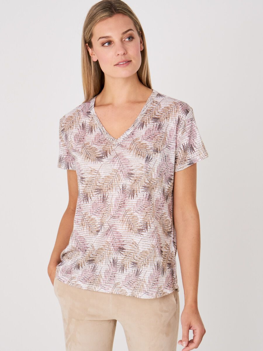 T-shirt in pure linen with lurex and leaves print image number 0