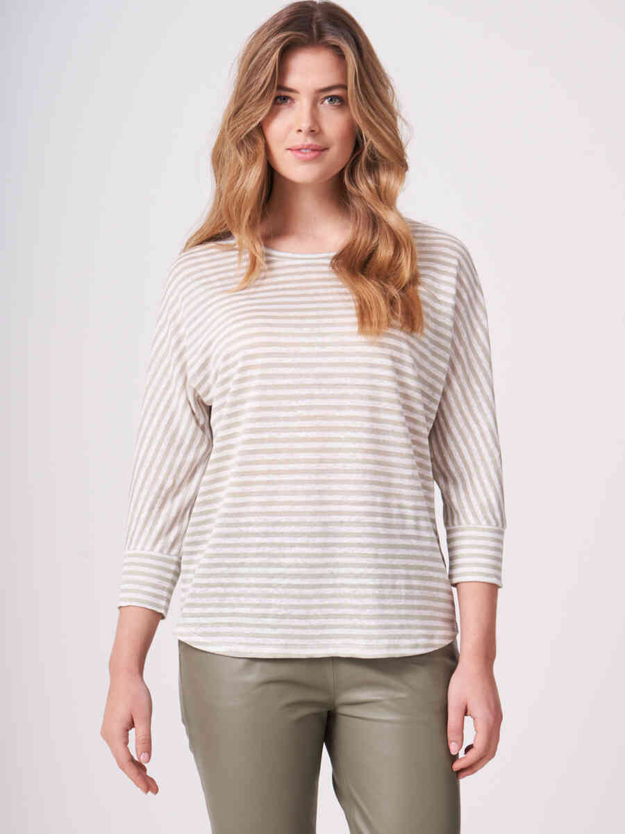Linen 3/4 sleeve top with stripes image number 0