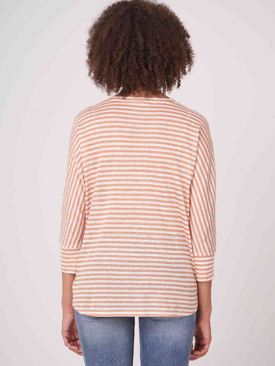 Linen 3/4 sleeve top with stripes image number 1