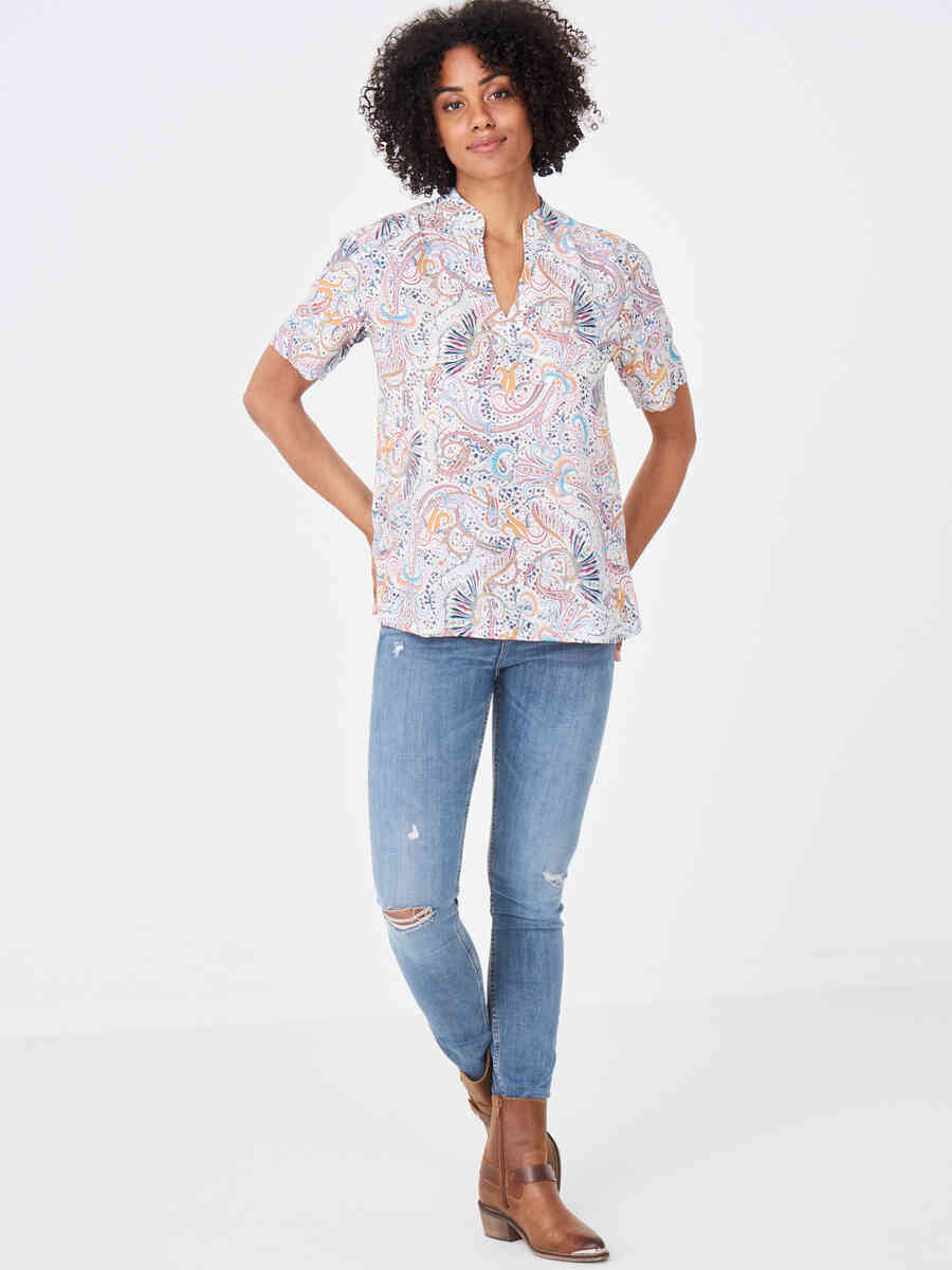 Short sleeve silk blouse with decorative print image number 3