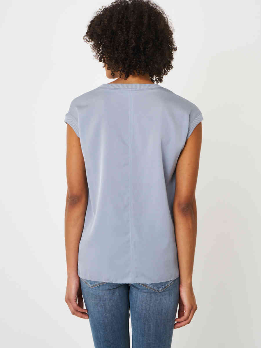 V-neck silk top with chest pocket and rib knit details image number 1