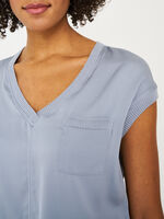 V-neck silk top with chest pocket and rib knit details image number 2