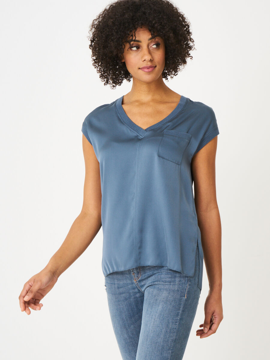 V-neck silk top with chest pocket and rib knit details image number 0