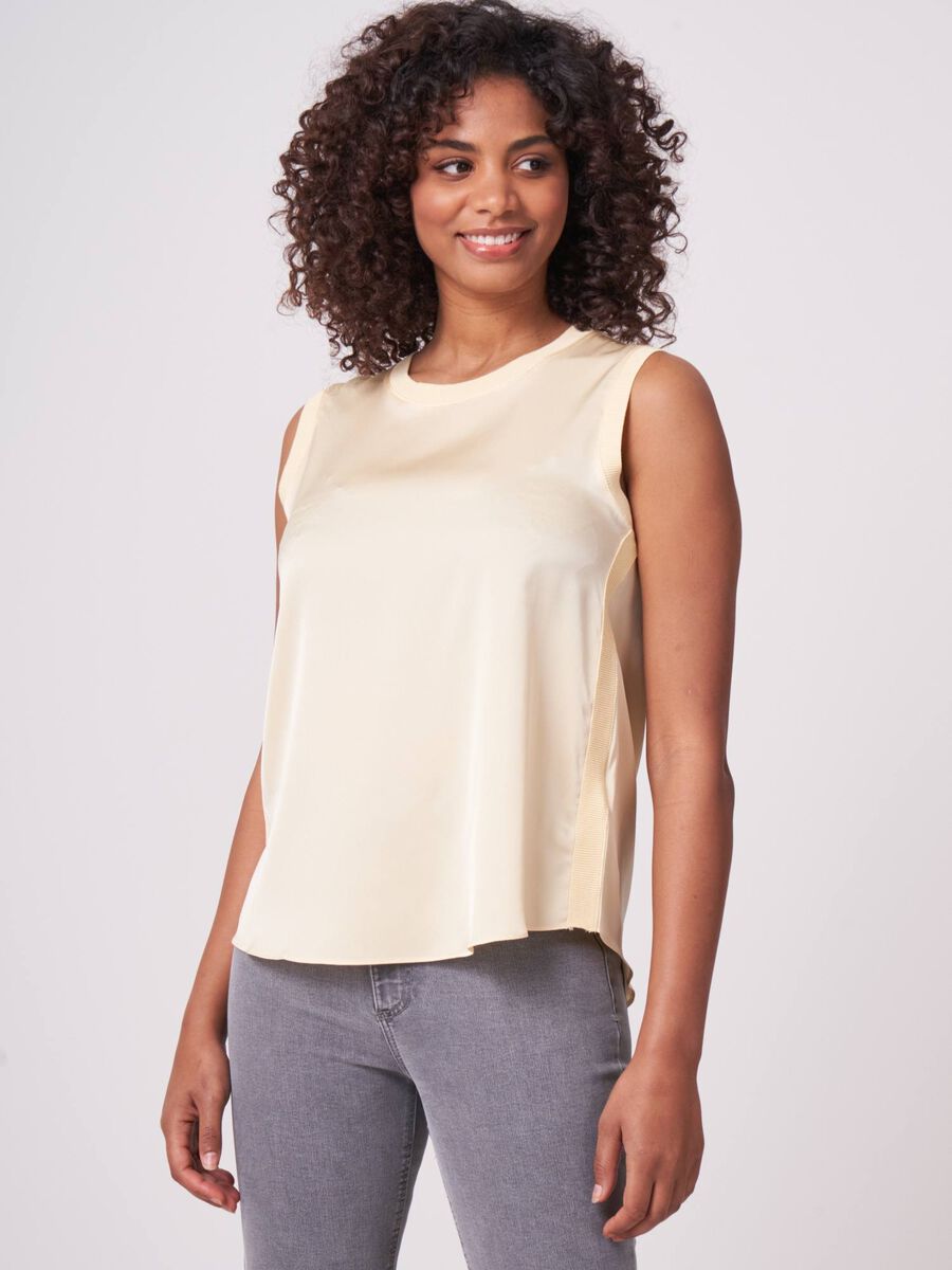 Flowy silk top with rib knit details image number 0
