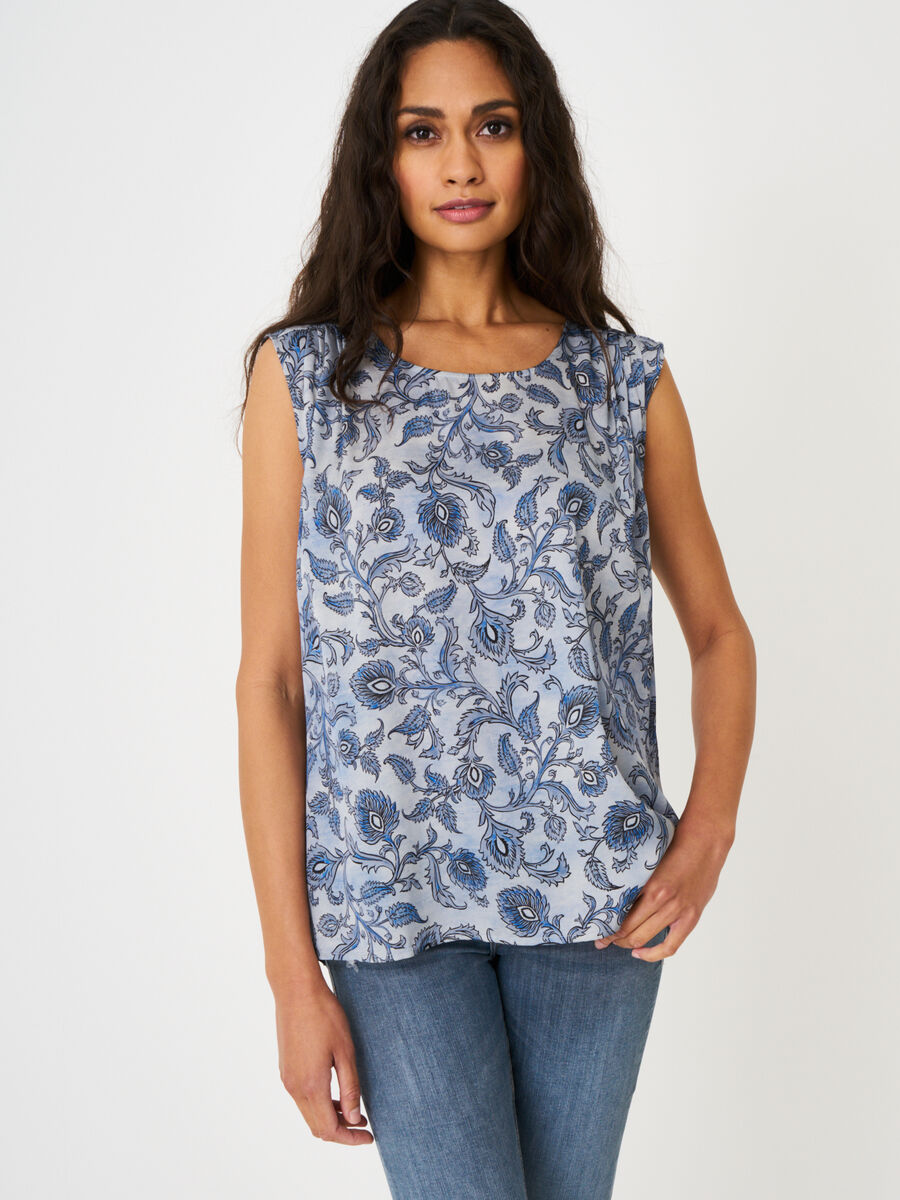 Stretch satin silk top with paisley leaves print image number 0