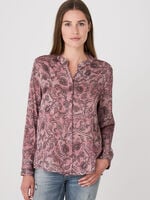 Stretch satin silk blouse in paisley leaves print with mandarin collar and fringed cuffs image number 0