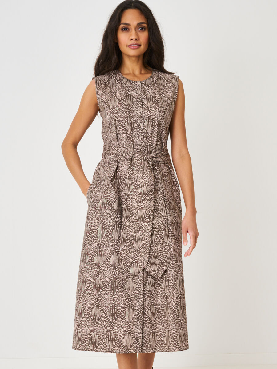 Rigid cotton poplin sleeveless dress with ethnic print and belt image number 0