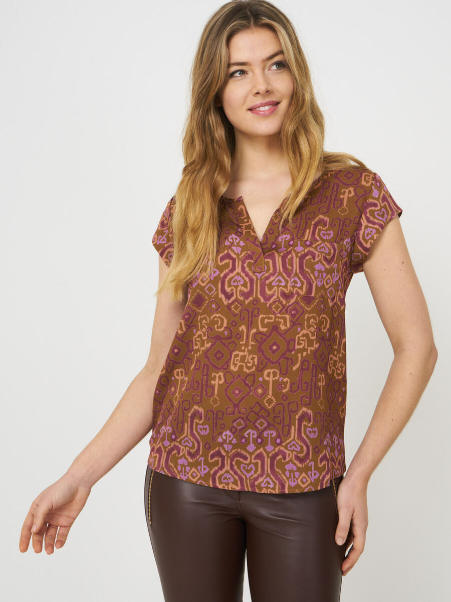 Silk Aztec print top with chest pocket  image number 0