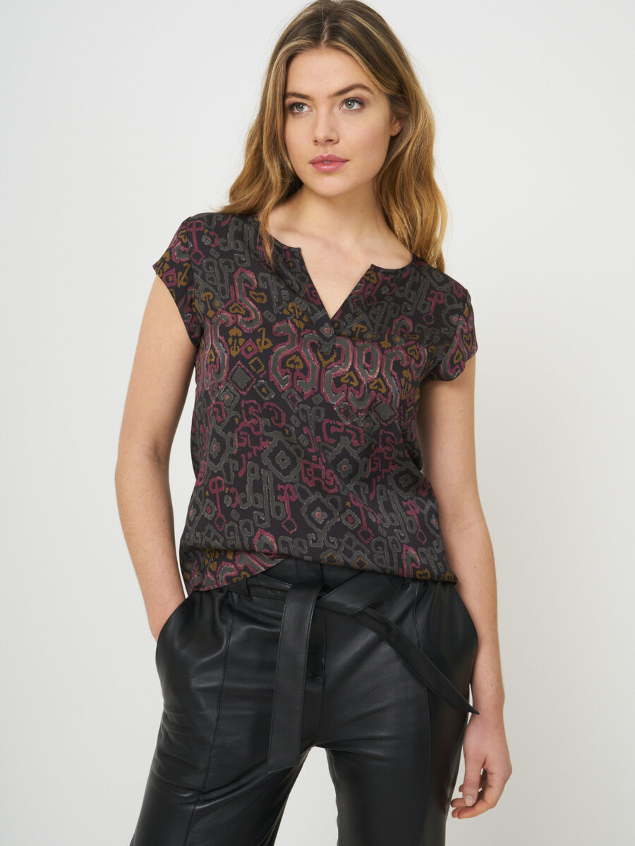 Silk Aztec print top with chest pocket  image number 0