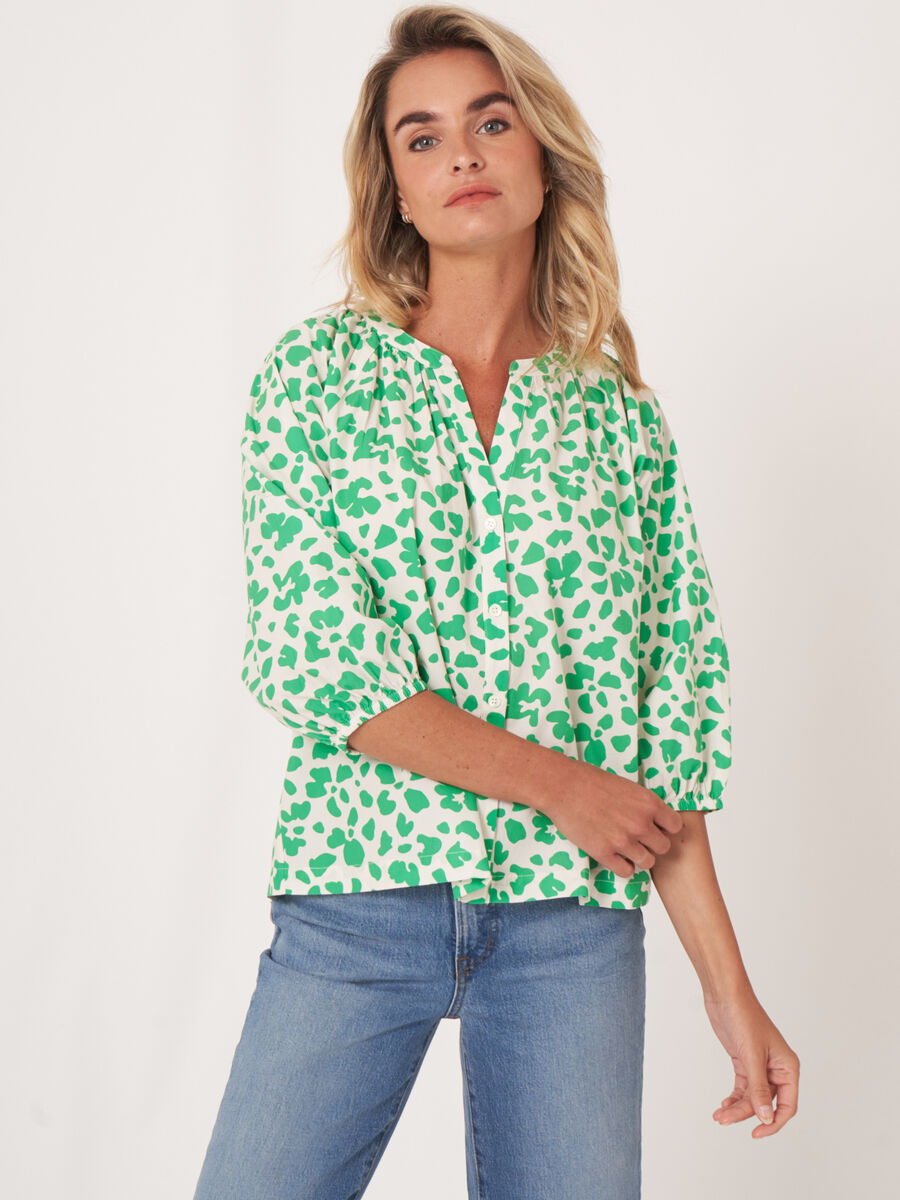 Puff sleeve cotton blouse with floral print image number 0