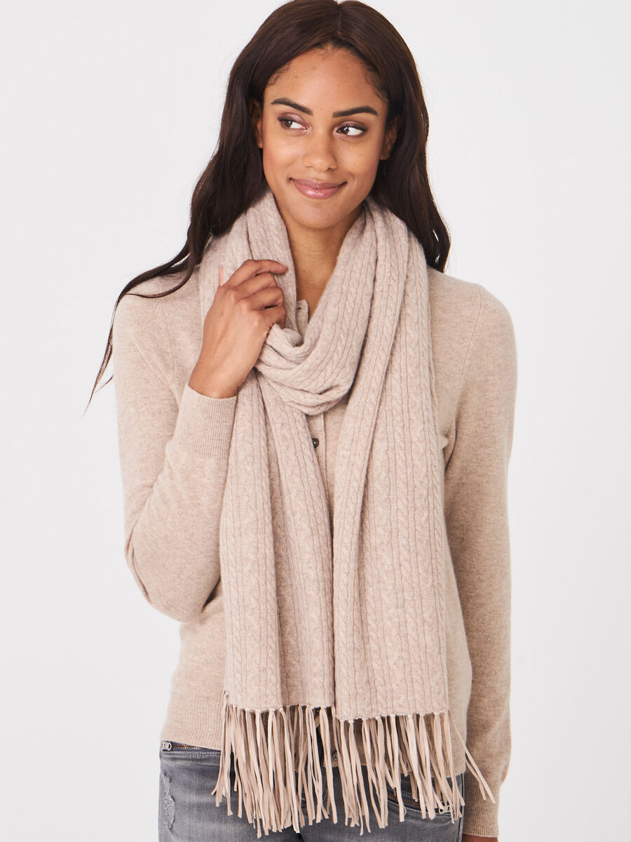 Cashmere cable knit scarf with leather fringes