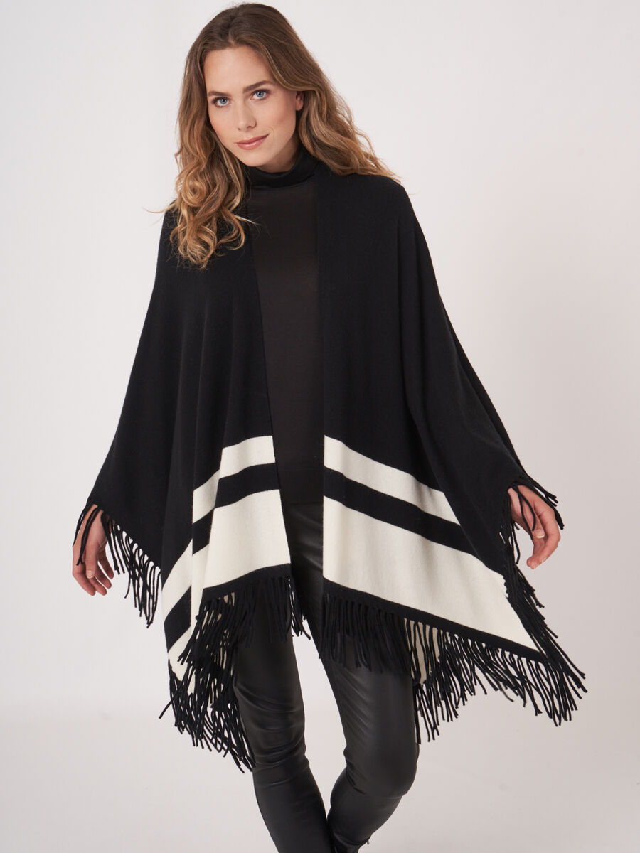Cashmere blend knitted cape with stripes and fringes image number 0
