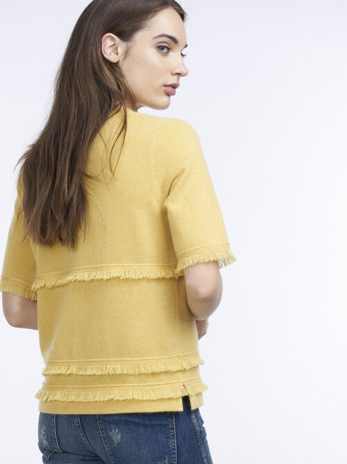 Short sleeve fringed cashmere sweater