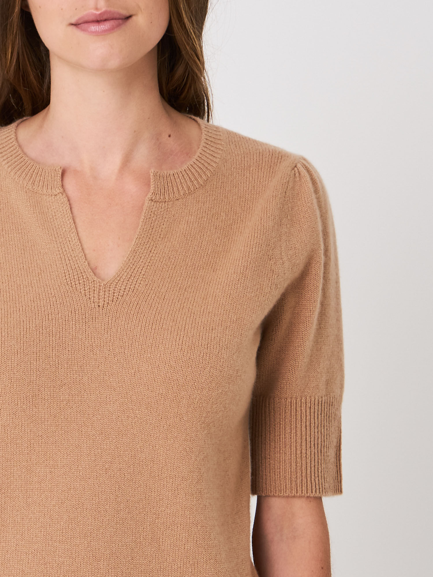 Short sleeve pullover with slit neckline