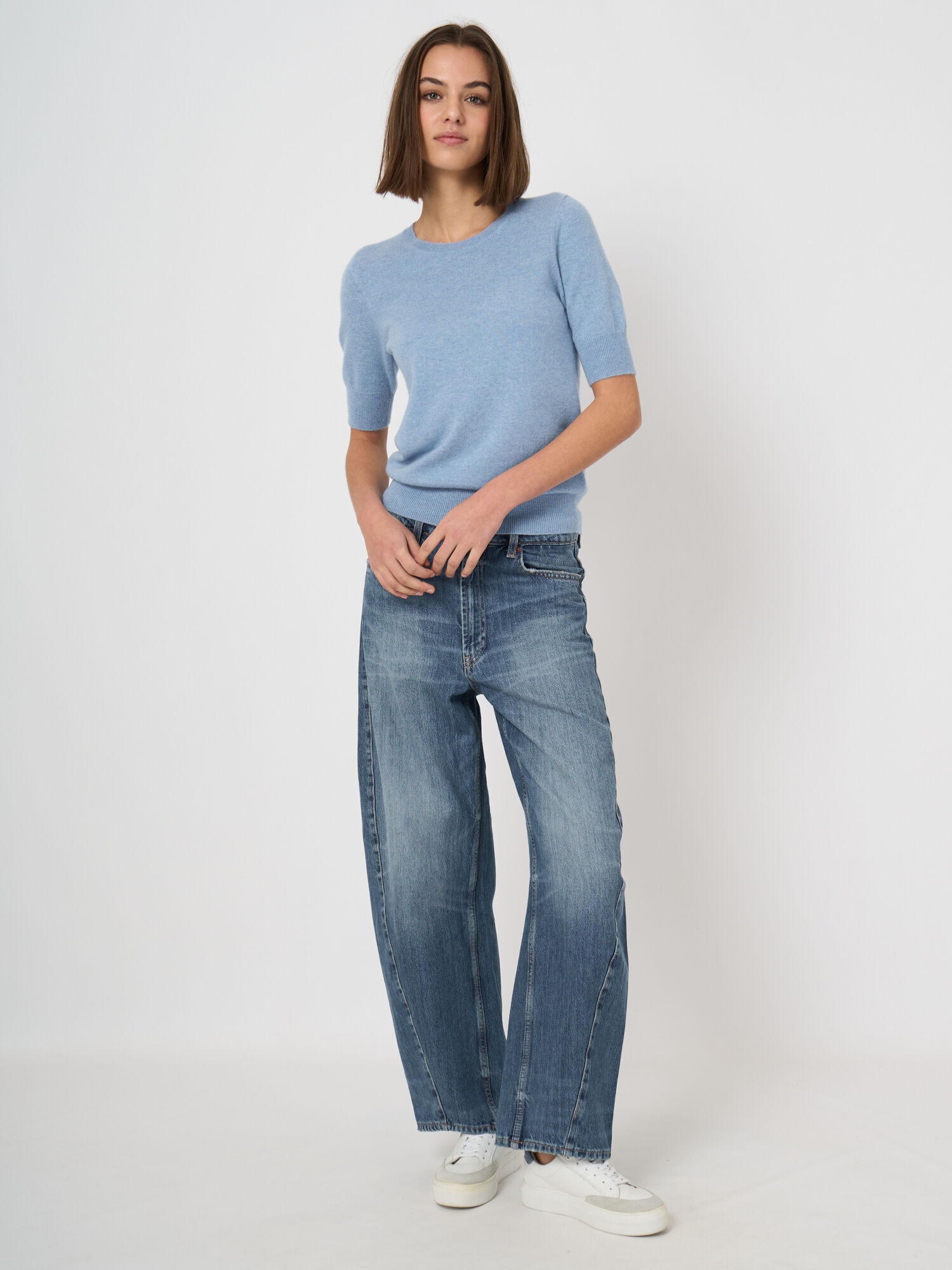 Damen Kurzarm-Pullover aus Bio-Kaschmir, Rundhals