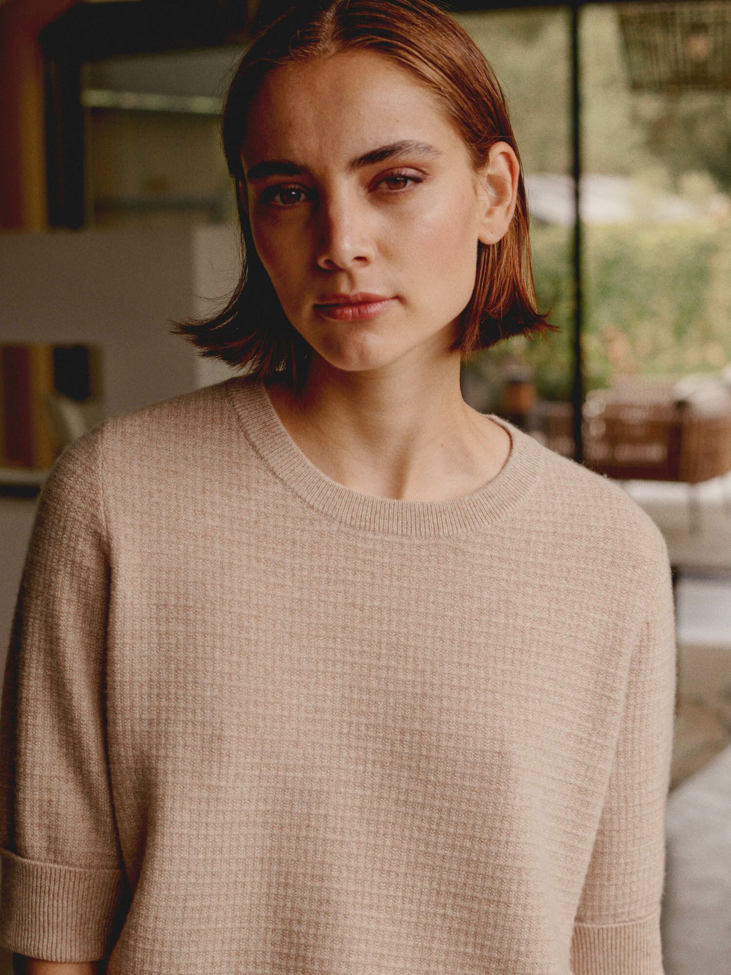 Textured short sleeve cashmere sweater with lurex