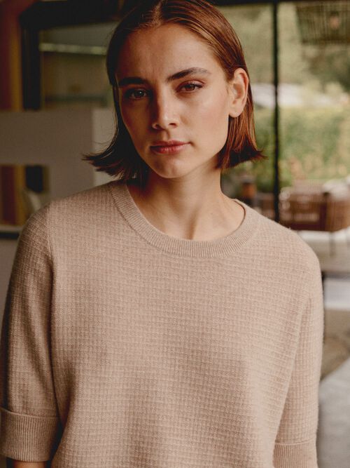 Texturiertes Kurzarm-Kaschmir-Pullover mit Lurex