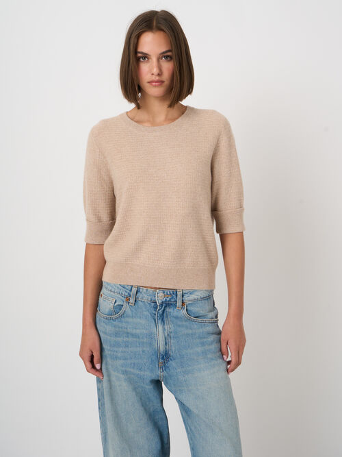 Textured short sleeve cashmere sweater with lurex