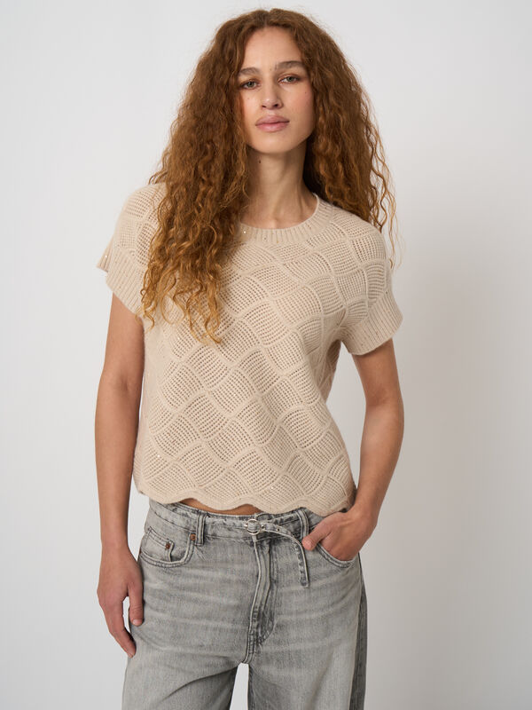 Kurzarm-Kaschmirpullover mit Pointelle-Lochmuster image number 0