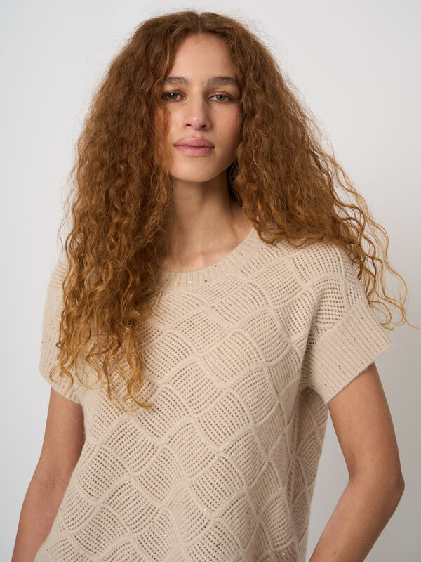 Kurzarm-Kaschmirpullover mit Pointelle-Lochmuster image number 2